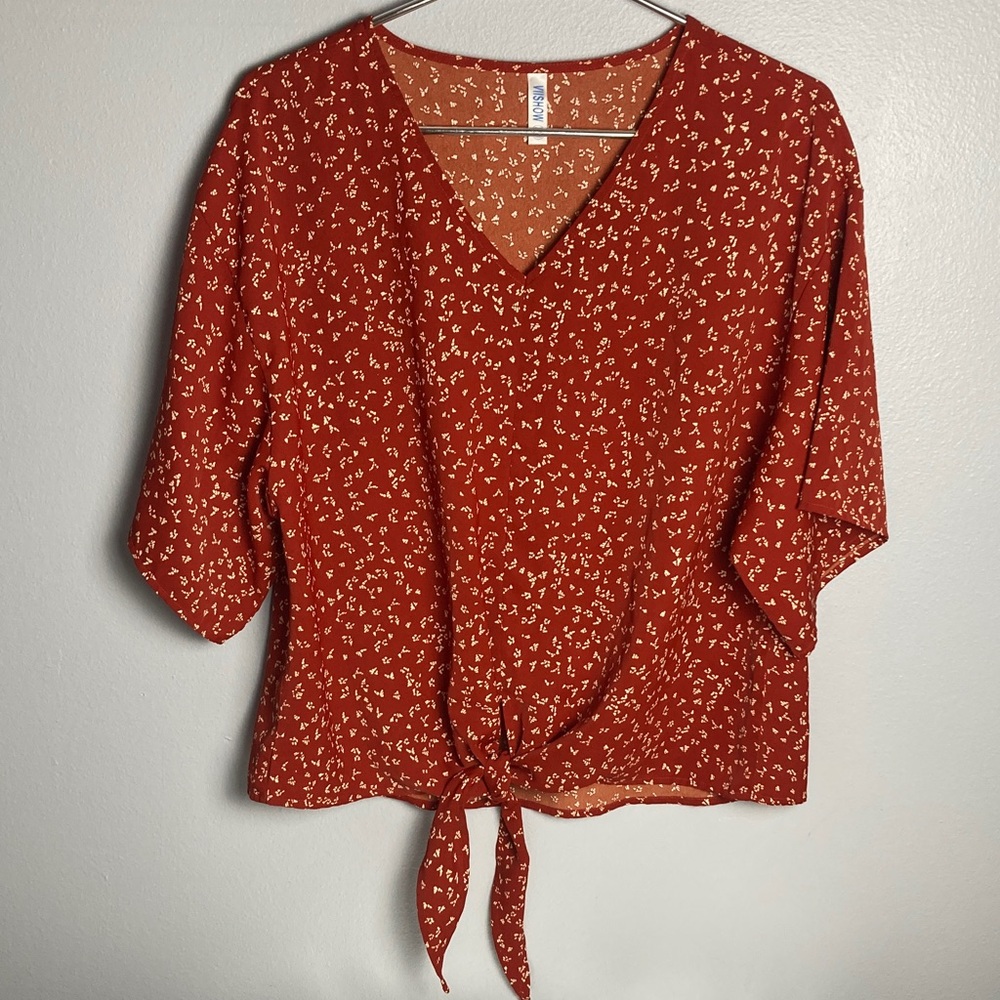 Rust Floral Tie-Front V-Neck Blouse - Unknown Brand